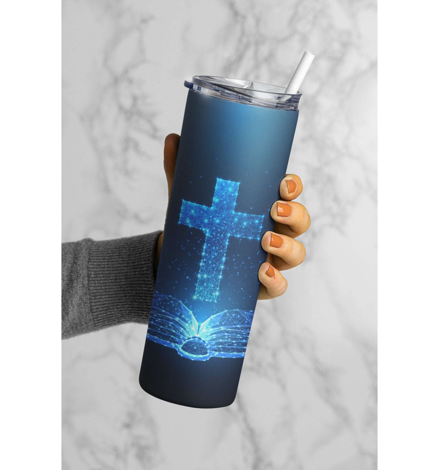 Blue Glitter Cross and Bible Tumbler Skinny Tumblers 25