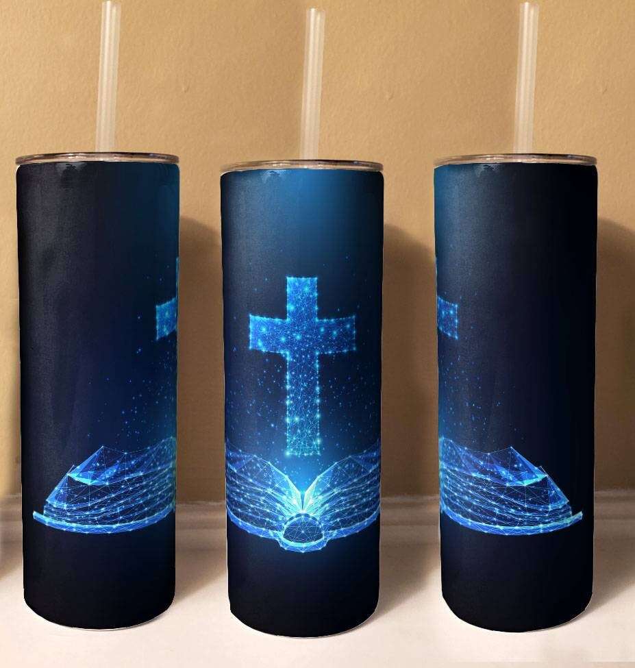 Blue Glitter Cross and Bible Tumbler Skinny Tumblers 25