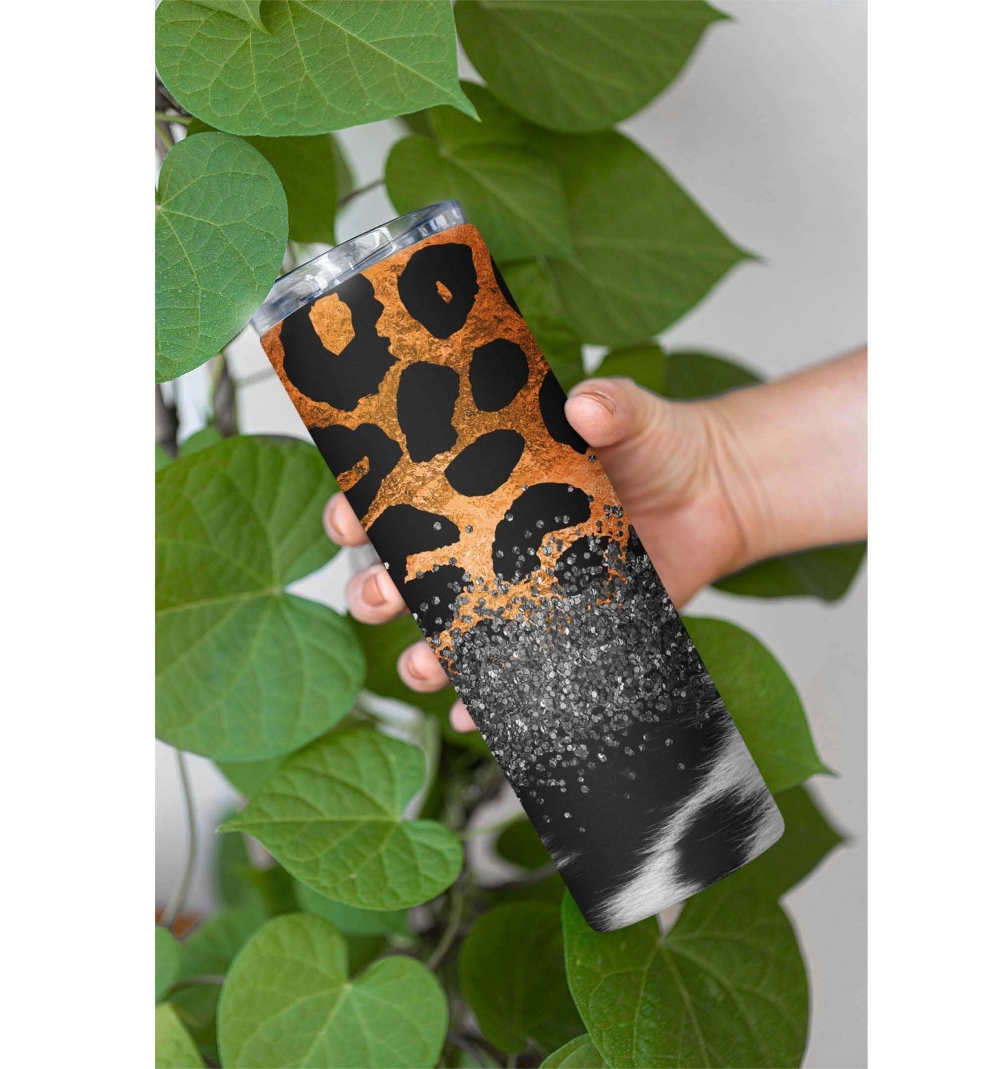 Dairy Cow Pattern Orange Leopard Print Pattern with Black Glitter Tumbler Skinny Tumblers 25