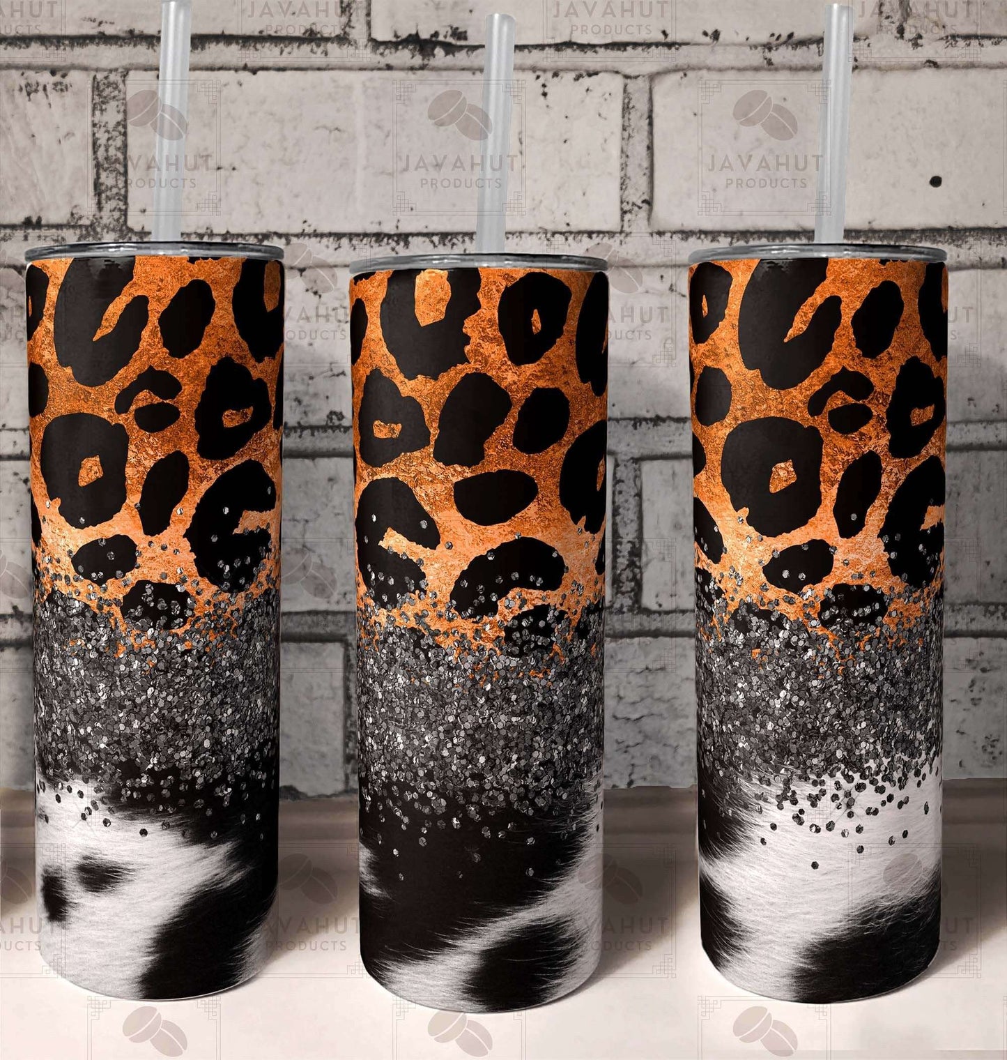 Dairy Cow Pattern Orange Leopard Print Pattern with Black Glitter Tumbler Skinny Tumblers 25