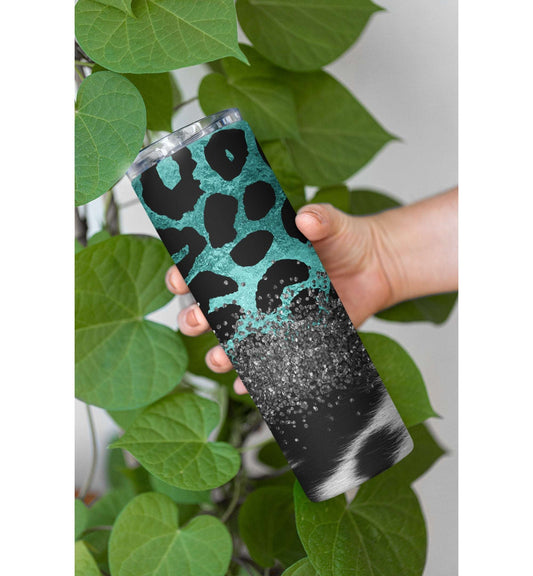 Dairy Cow Pattern Teal Leopard Print Pattern with Black Glitter Tumbler Skinny Tumblers 25