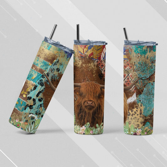 Highland Cow Teal Leopard Print Western Tumbler Skinny Tumblers 25