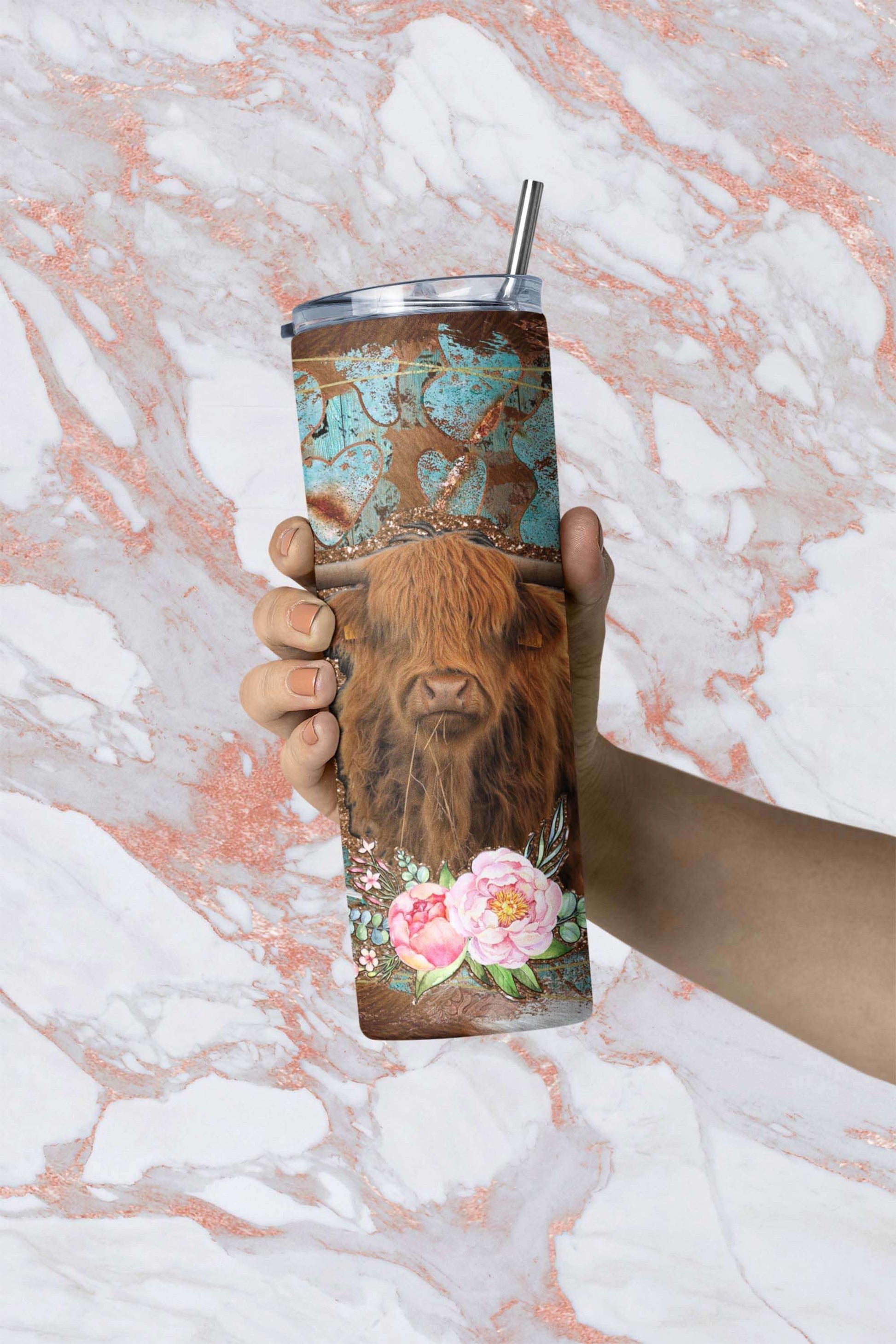 Highland Cow with Gemstones Tumbler Skinny Tumblers 25