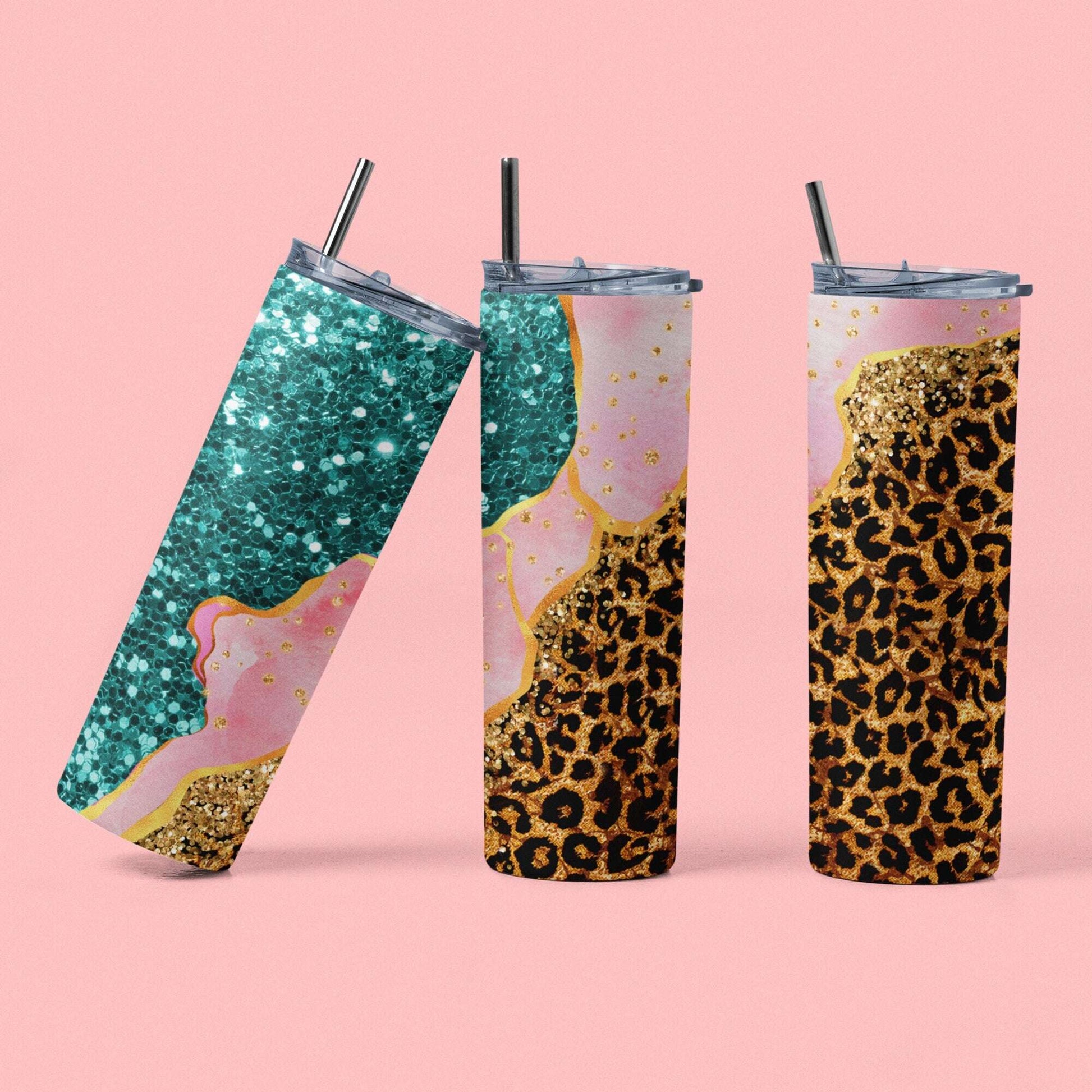 Leopard Print, Pink, and Teal Glitter Skinny Tumbler Skinny Tumblers 25