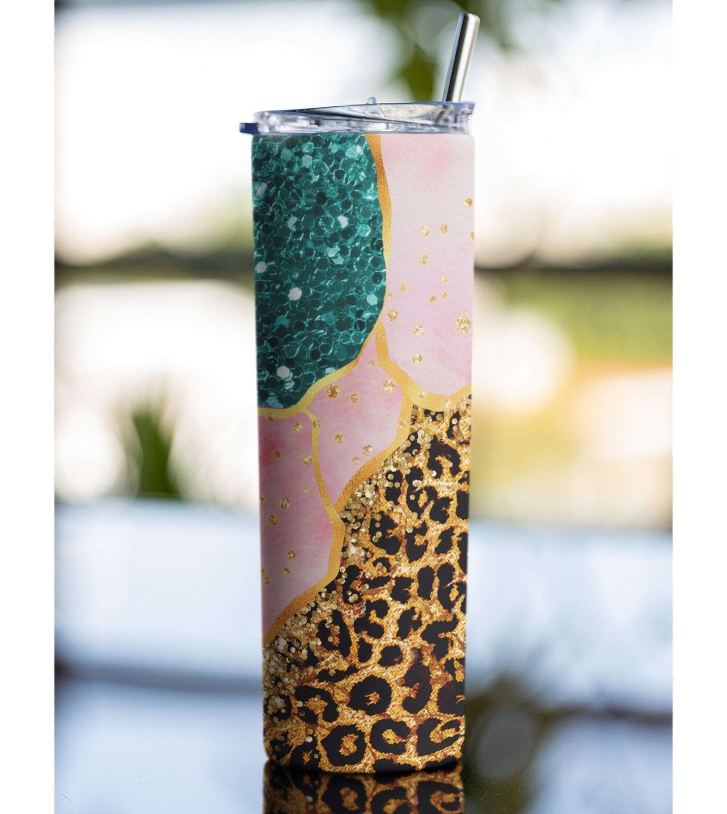 Leopard Print, Pink, and Teal Glitter Skinny Tumbler Skinny Tumblers 25