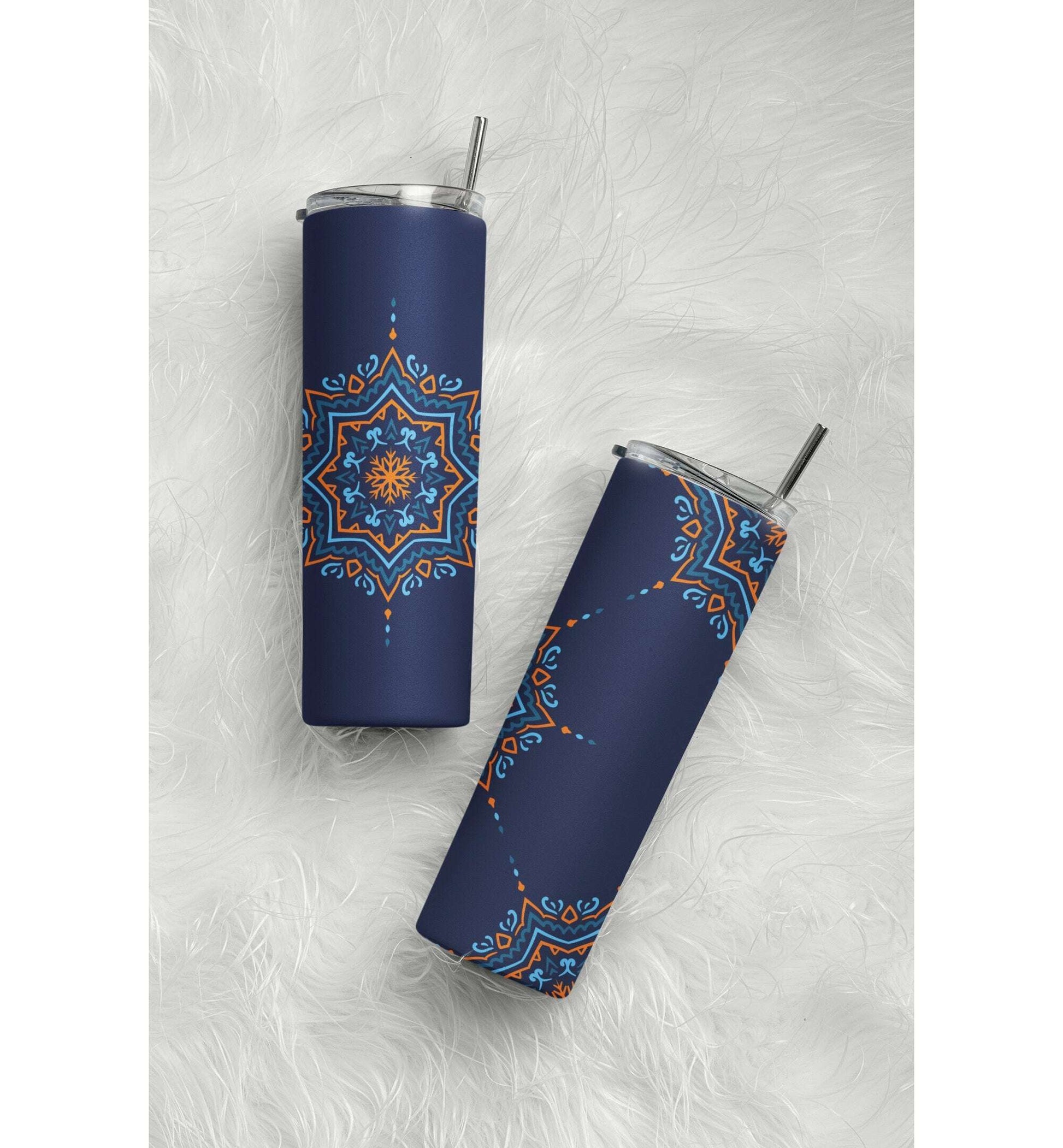 Navy Blue and Orange Mandala Patterned Tumbler Skinny Tumblers 25