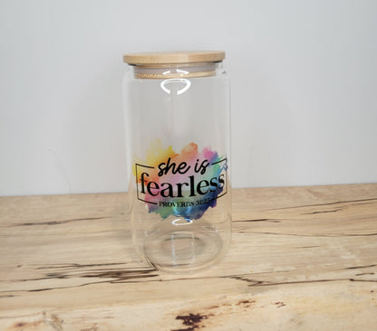 She is Fearless 16 oz Glass Cup with Bamboo Lid and Straw Glassware 18